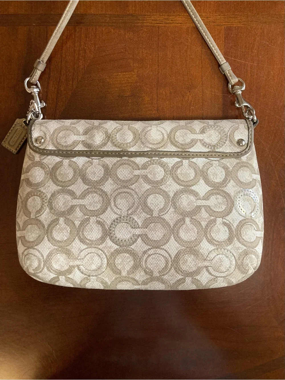 Coach Kristin Op Art Sequin Sling Pack Crossbody Bag #45088 Taupe Monogram EUC
